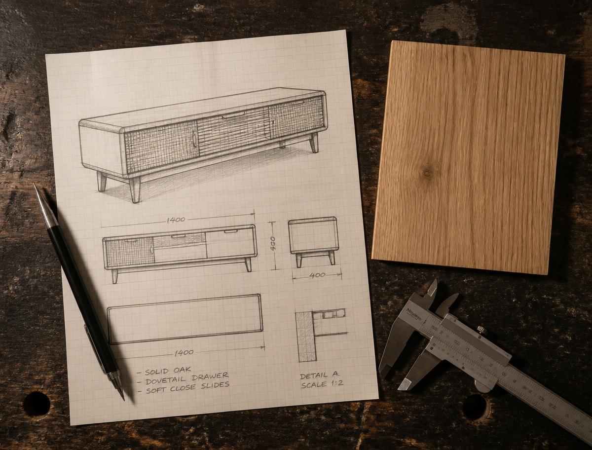 Hand-drawn furniture plans beside an oak sample and calipers on a workbench