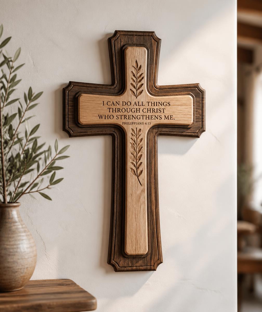 Handcrafted layered wooden cross with a carved scripture verse on a white wall