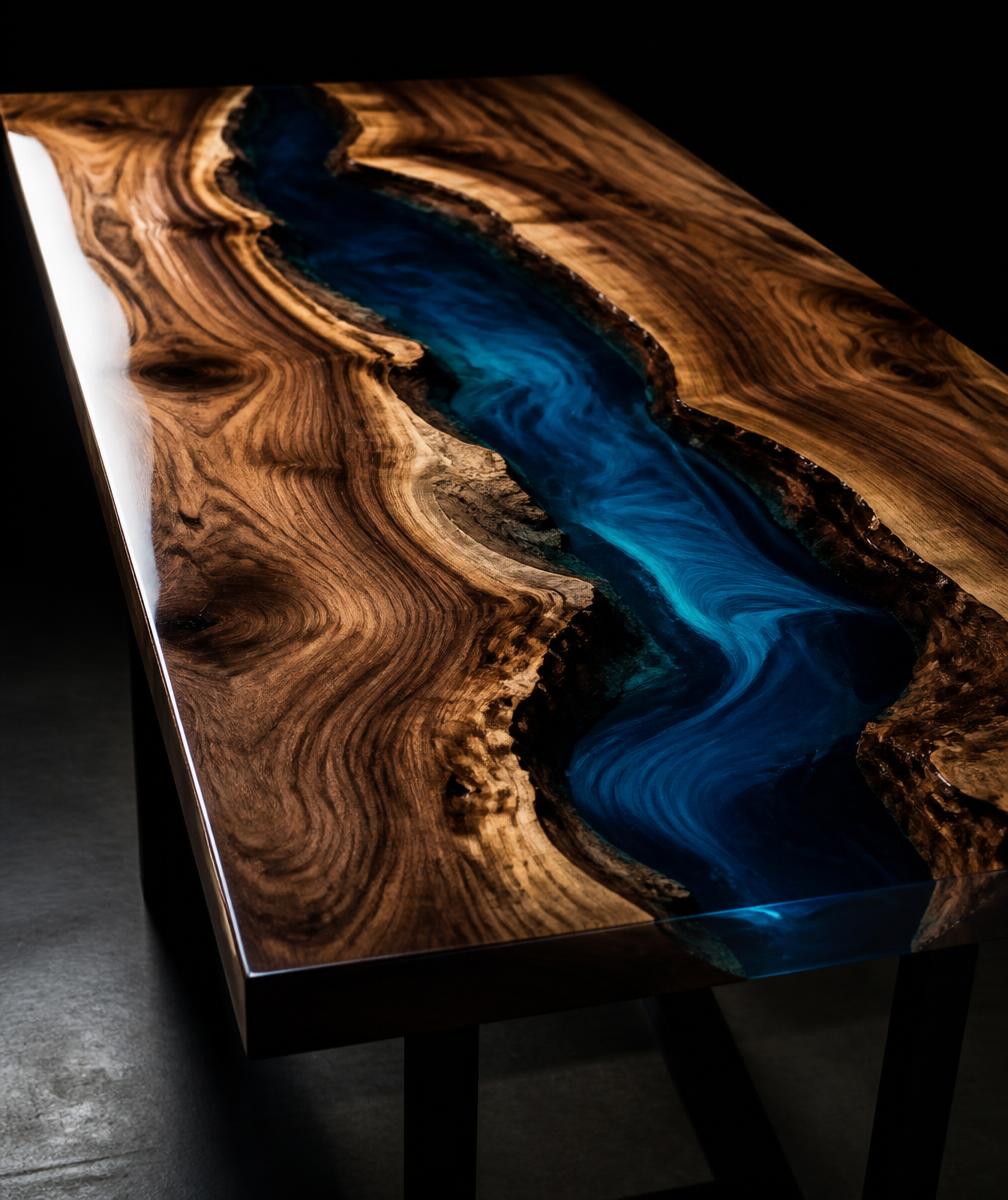 Live-edge walnut epoxy river table with deep blue resin